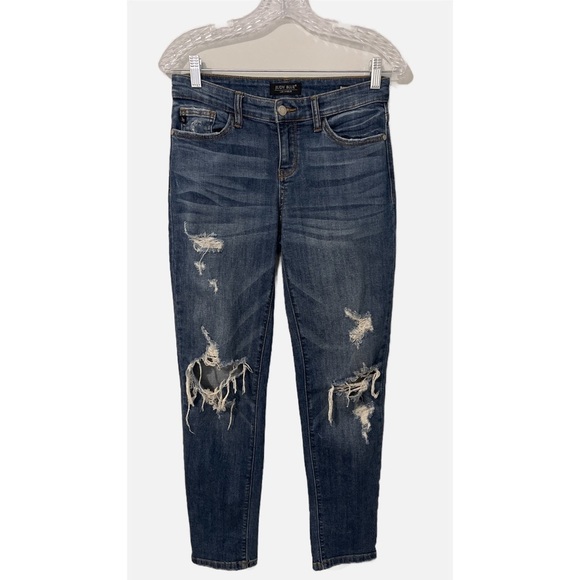Judy Blue Jeans Women’s 5/27 Blue Distressed Mid Rise Medium Wash Boyfriend Fit - Picture 1 of 11